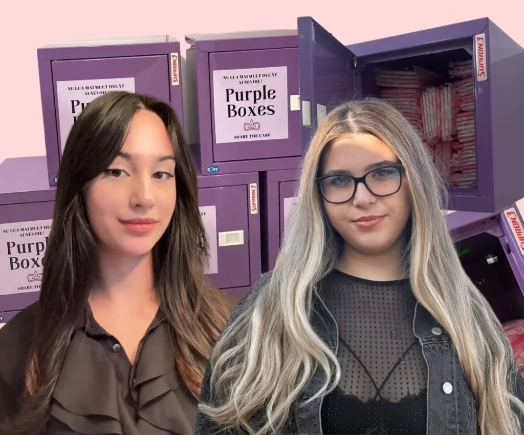 Giovana și Andreea, au inițiat un proiect prin care au introdus cutii mov cu absorbante gratuite în 11 școli din județ